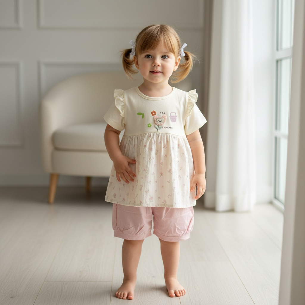 Tulip Kitty Peplum Top & Bloomer Shorts Set – Cream & Pink
