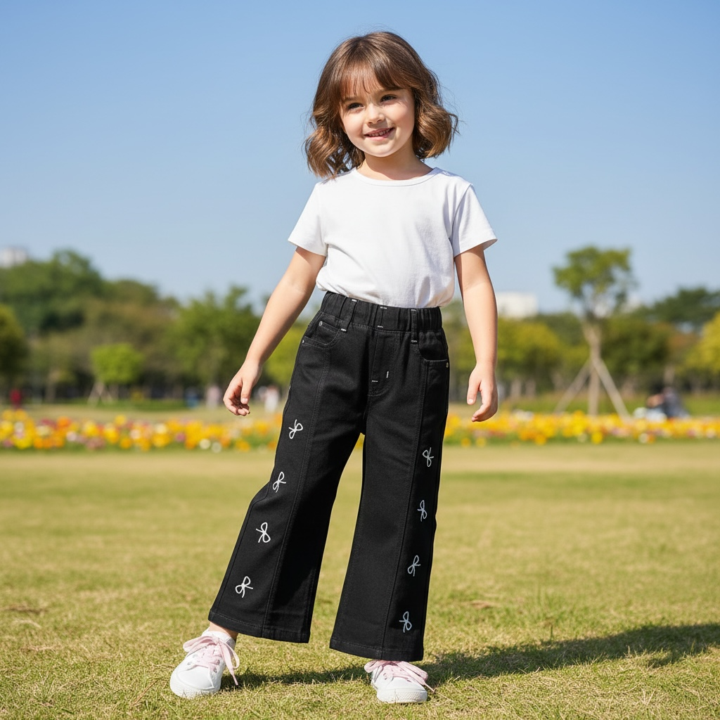 Kids Bow Embroidered Wide-Leg Trousers – Black