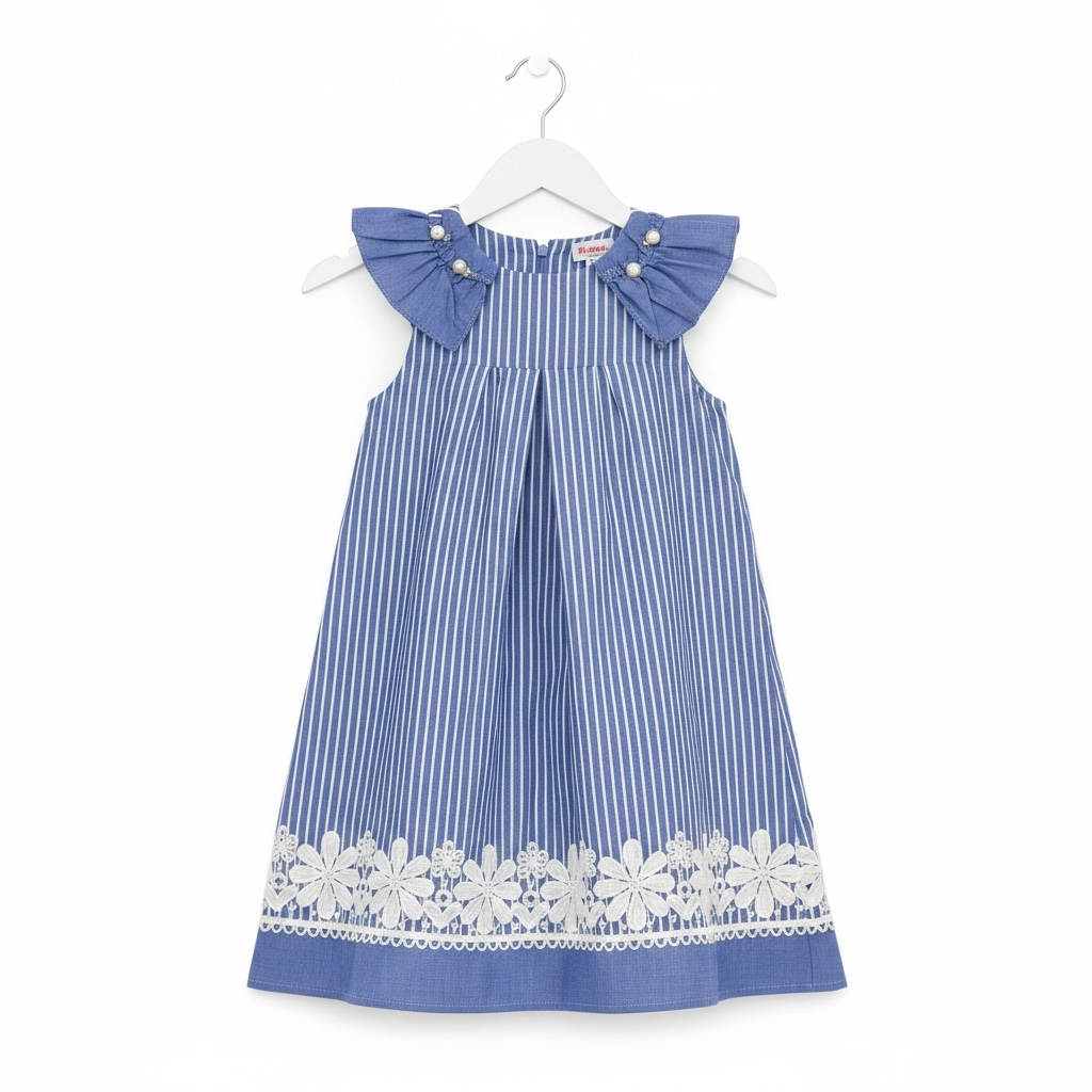 Blue Stripe Lace-Hem Summer Dress