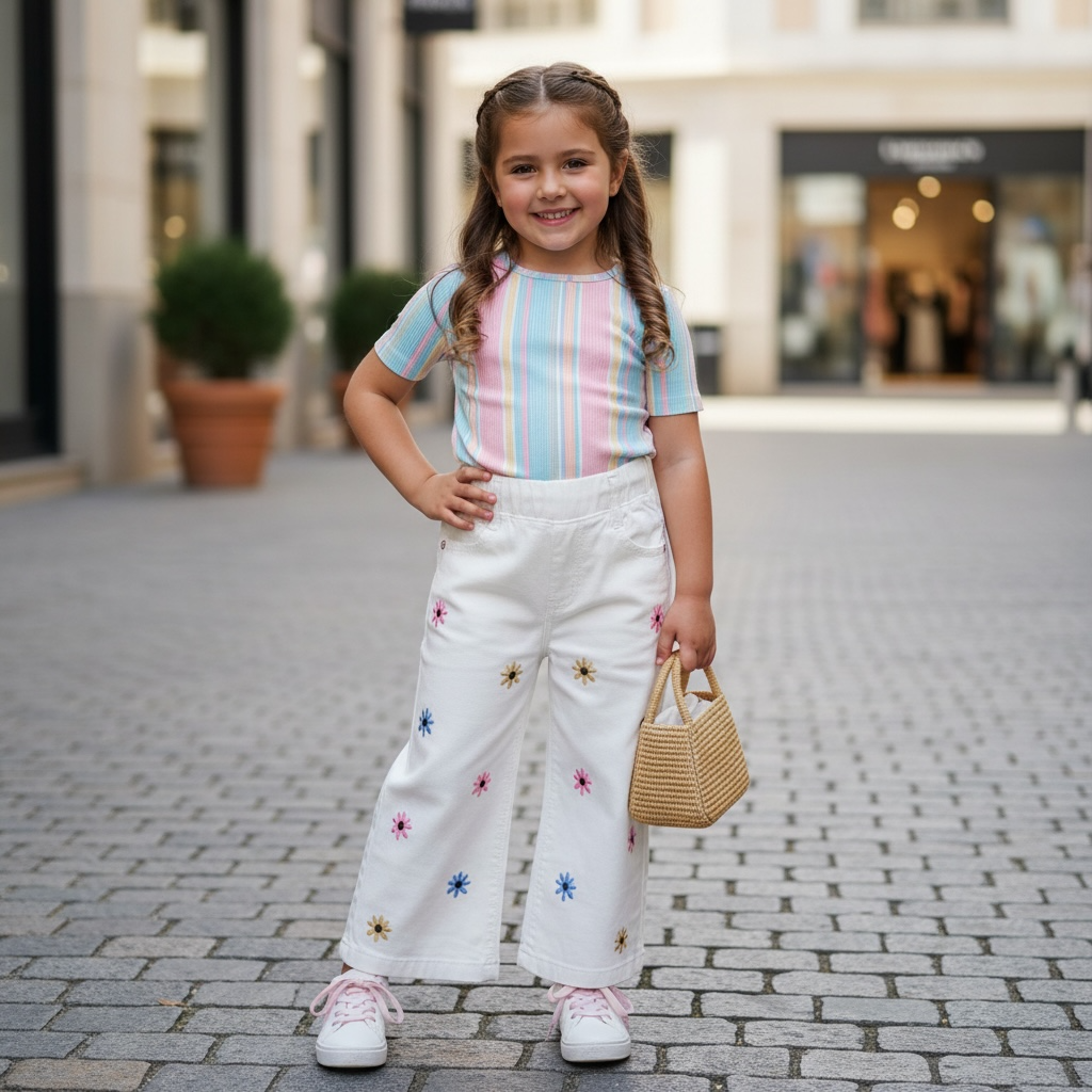 Kids Daisy Embroidered Wide-Leg Trouser– Off-White