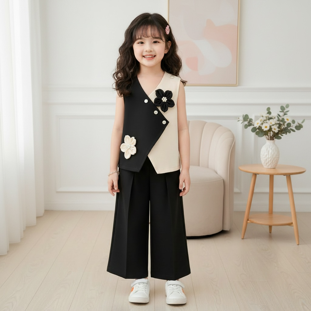Flower Appliqué Colourblock Top & Wide-Leg Trousers Set