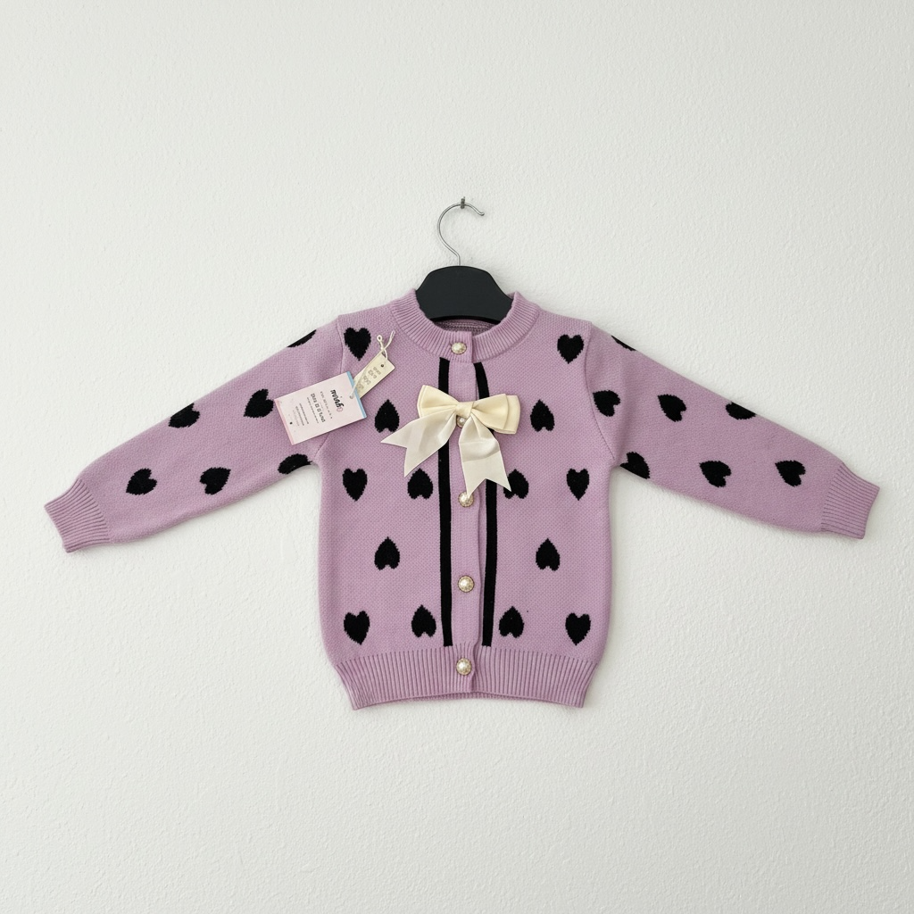 Girls Heart Knit Cardigan Jersey – Lilac with Bow