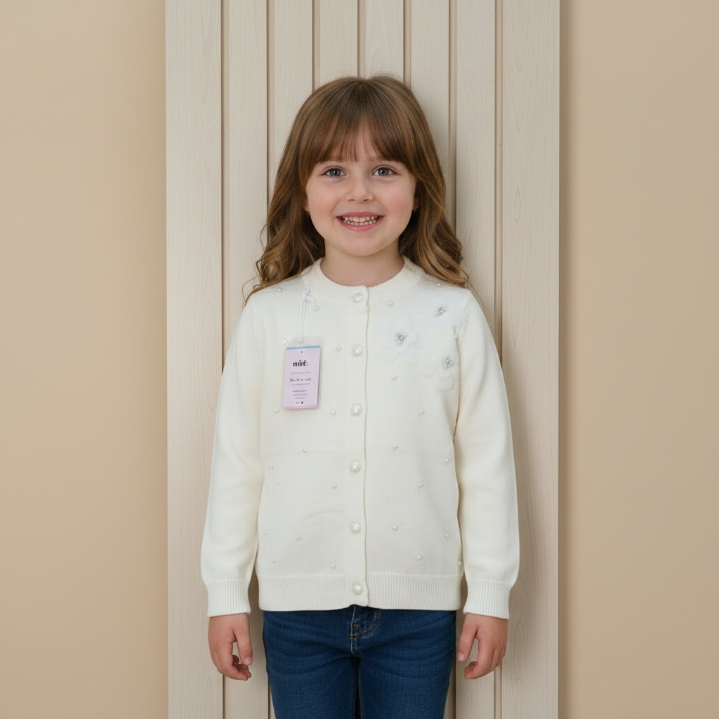 Girls Pearl Embellished Knit Cardigan Jersey – Cream with 3D Flowers