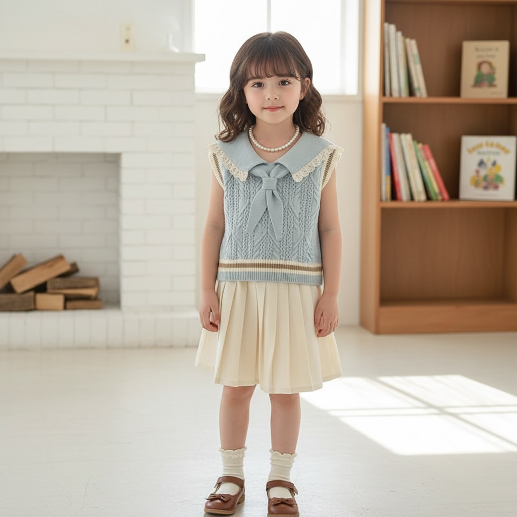 Sky Blue Sailor Collar Knit Sweater Vest with Lace Trim