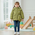 Child wearing lime green hooded puffer jacket, front view
