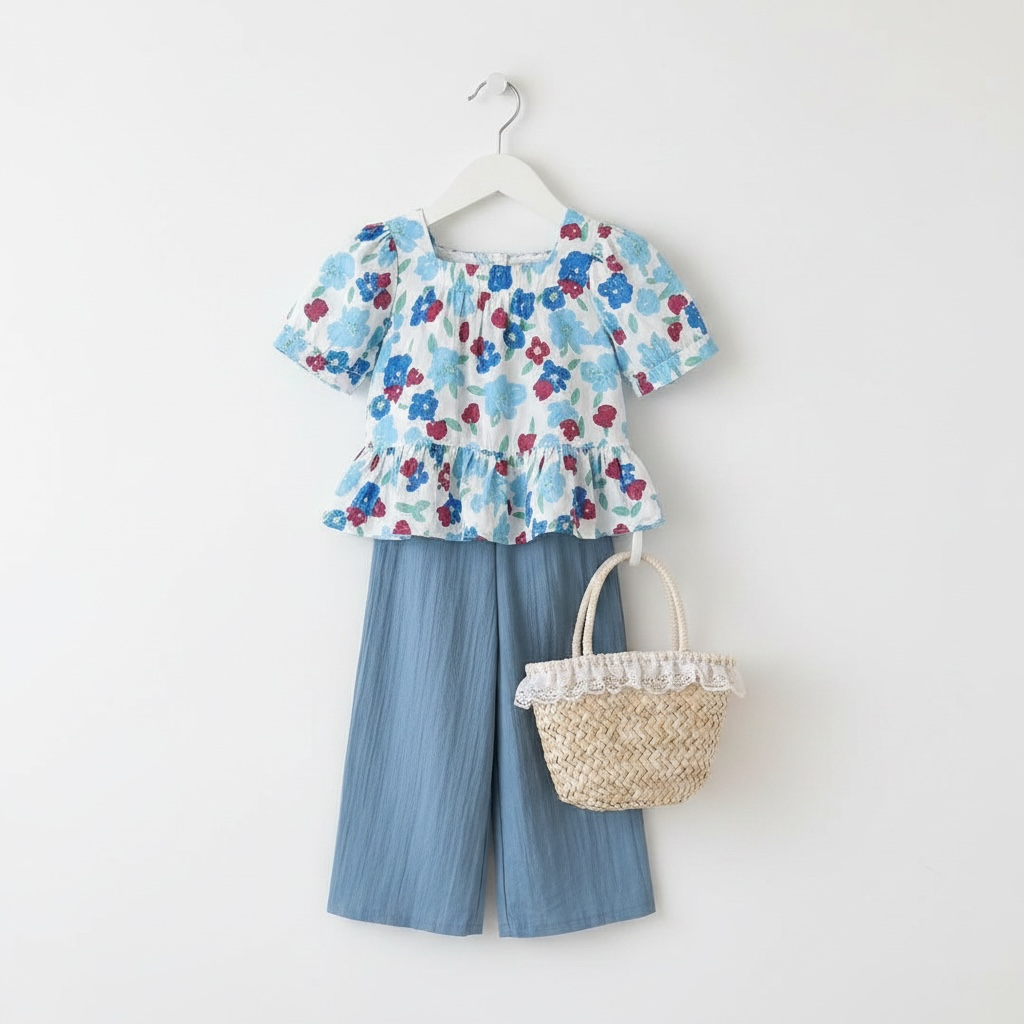 Blue Floral Peplum & Wide-Leg Set