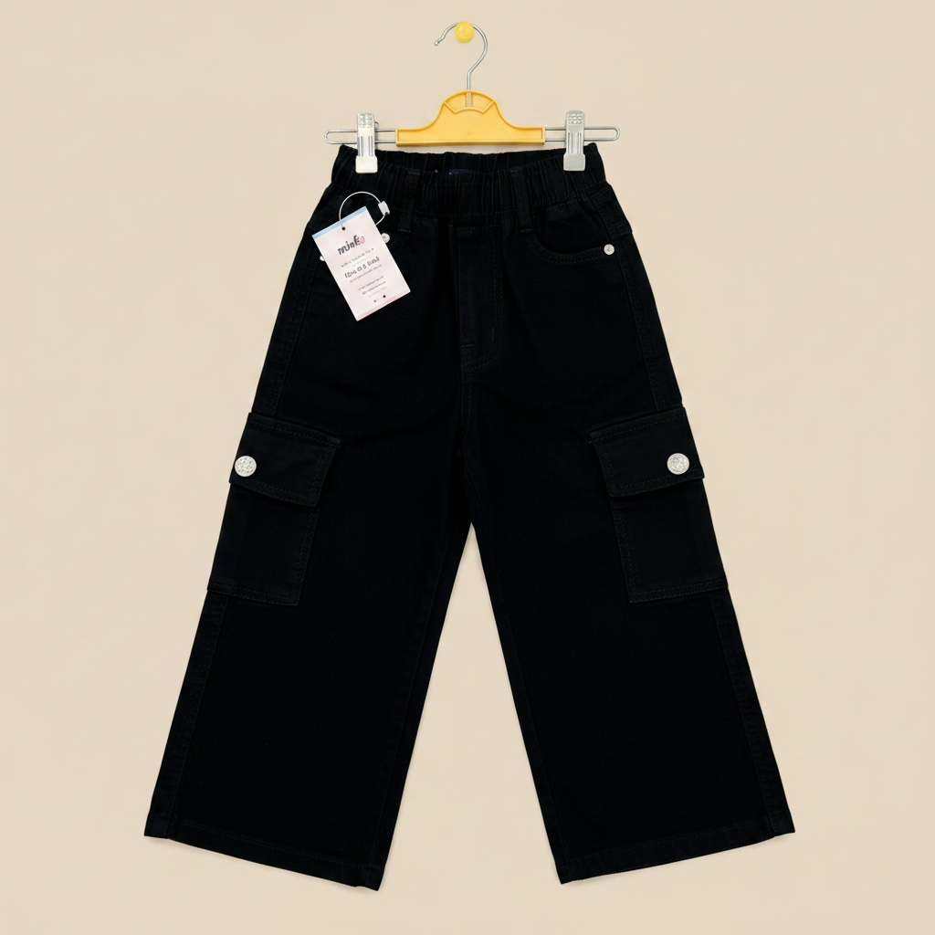 Kids Wide-Leg Cargo Trousers – Black (Unisex)