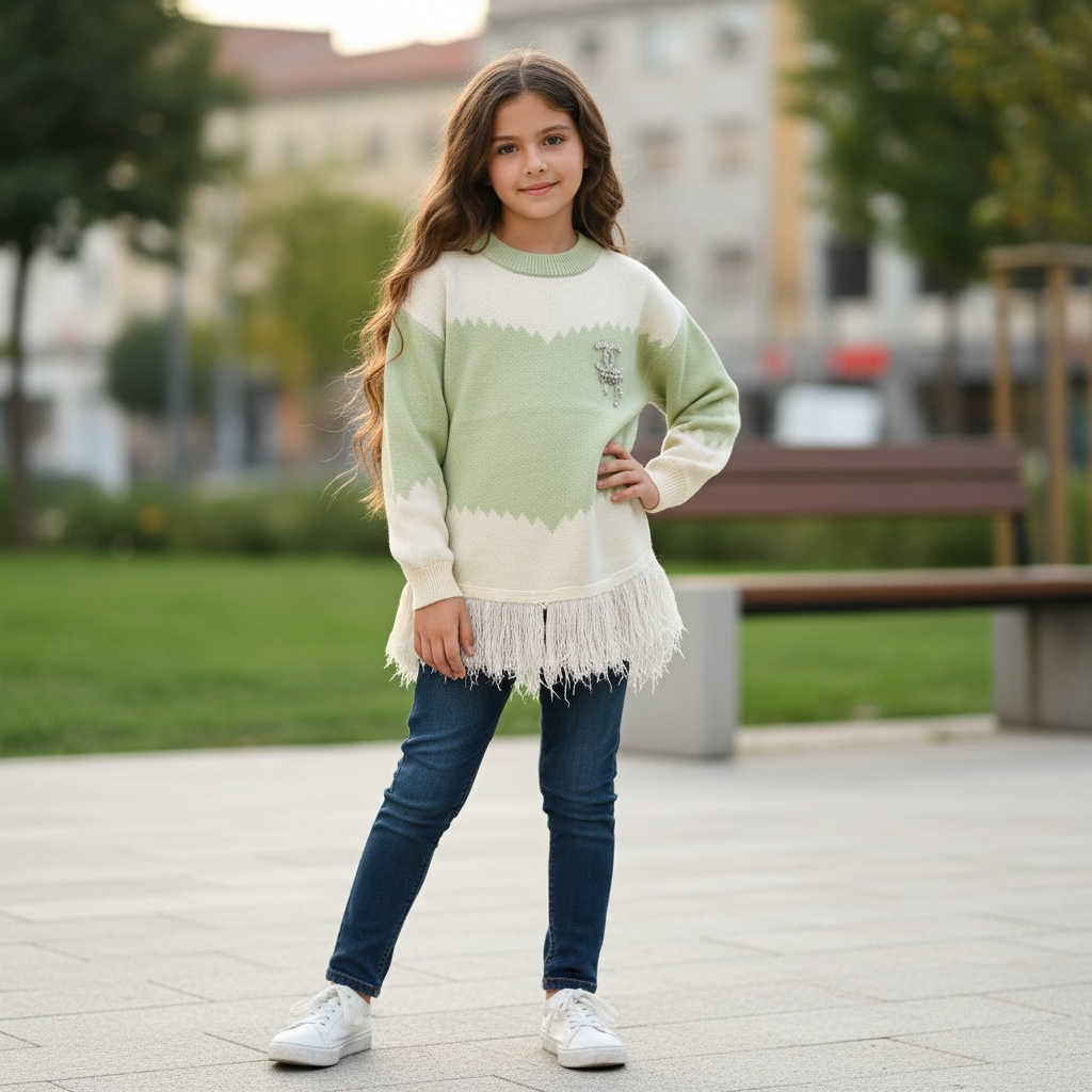Girls sage knit tunic with jewelled brooch and fringe hem, styled outdoors with jeans