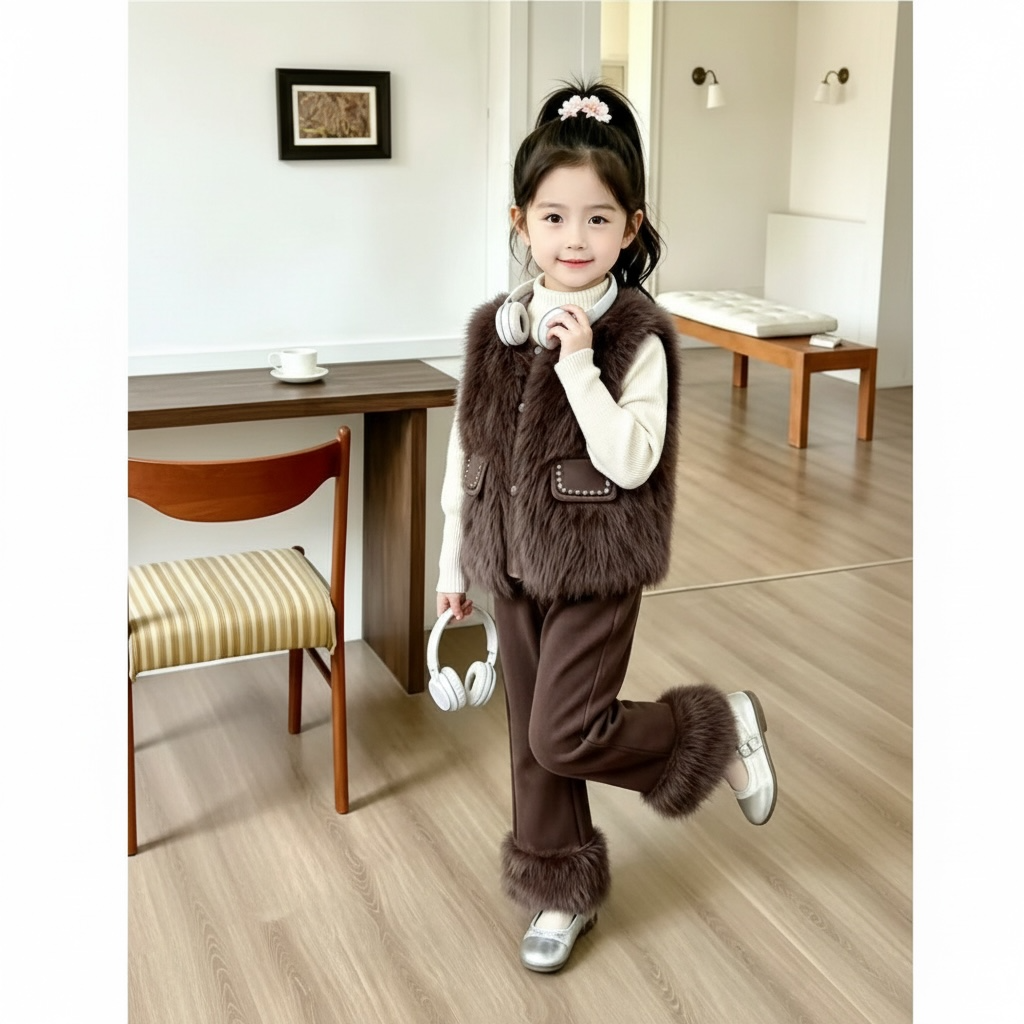 Girls Faux Fur 3-Piece Set - Pocket Vest, Inner Top & Trousers