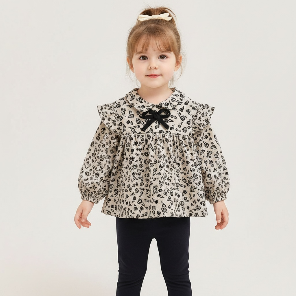 Floral Print Ruffle Top & Leggings Set - Ivory & Black