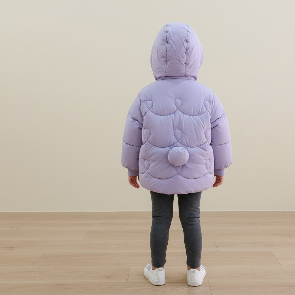 Lilac ruffle hood puffer jacket shown from the back