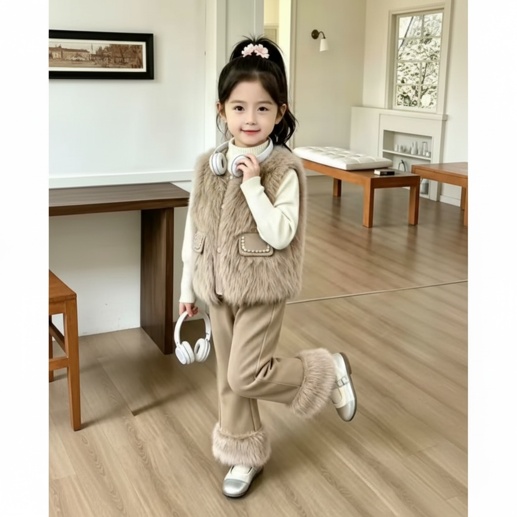 Girls Faux Fur 3-Piece Set - Pocket Vest, Inner Top & Trousers