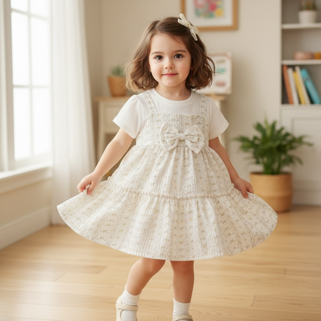 Vintage Bow Print Pinafore Frock with Tee – Cream