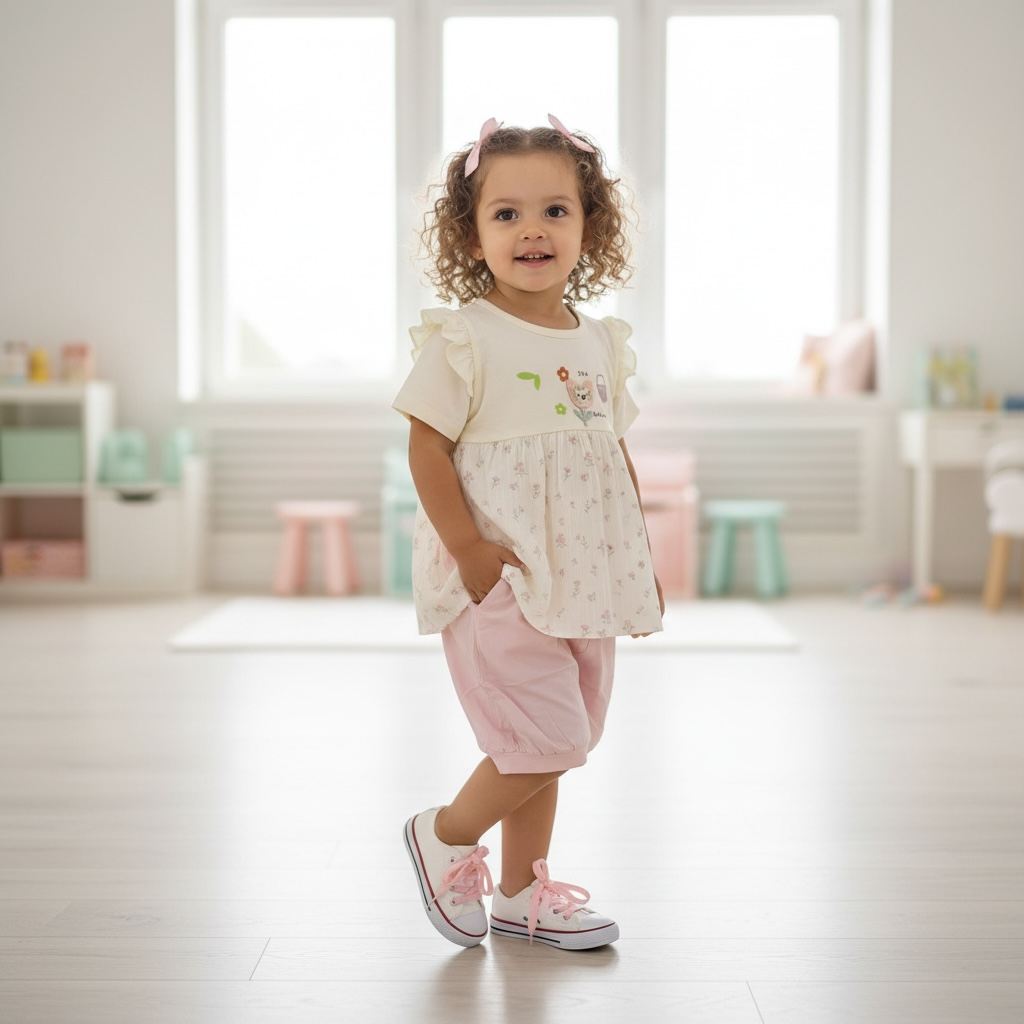 Tulip Kitty Peplum Top & Bloomer Shorts Set – Cream & Pink