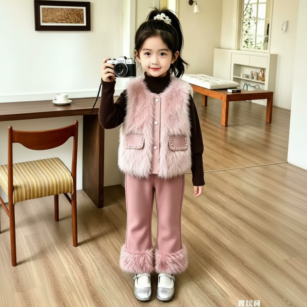 Girls Faux Fur 3-Piece Set - Pocket Vest, Inner Top & Trousers