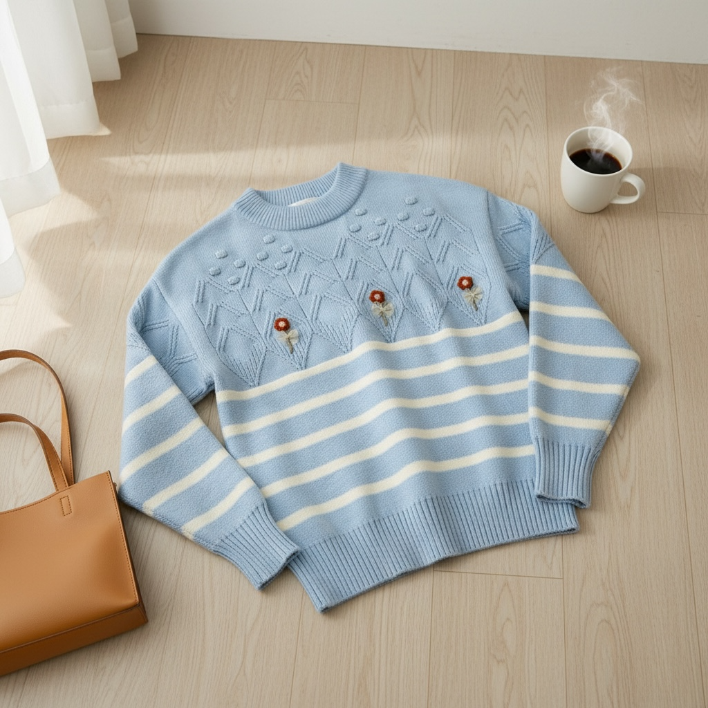 Floral Striped Knit Sweater with Textured Yoke