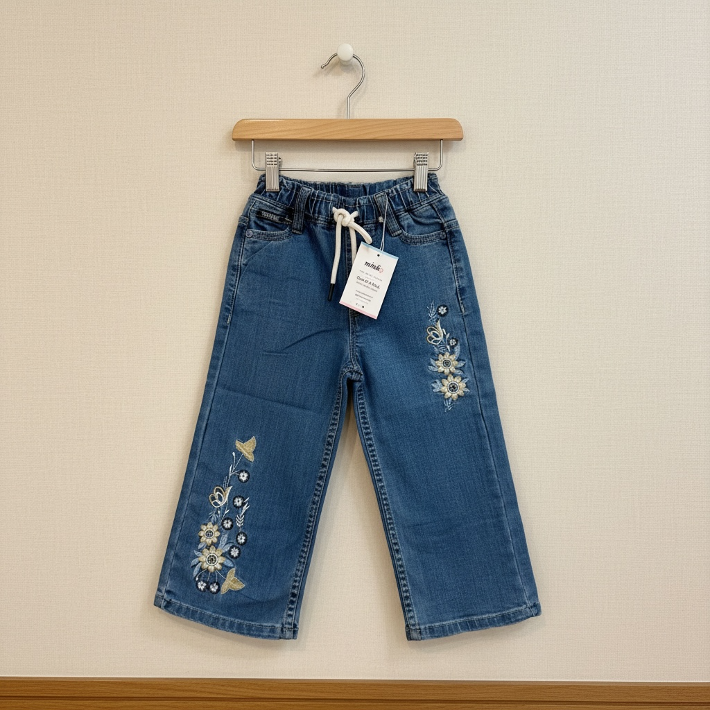 Girls Floral Embroidered Wide-Leg Jeans – Mid Blue