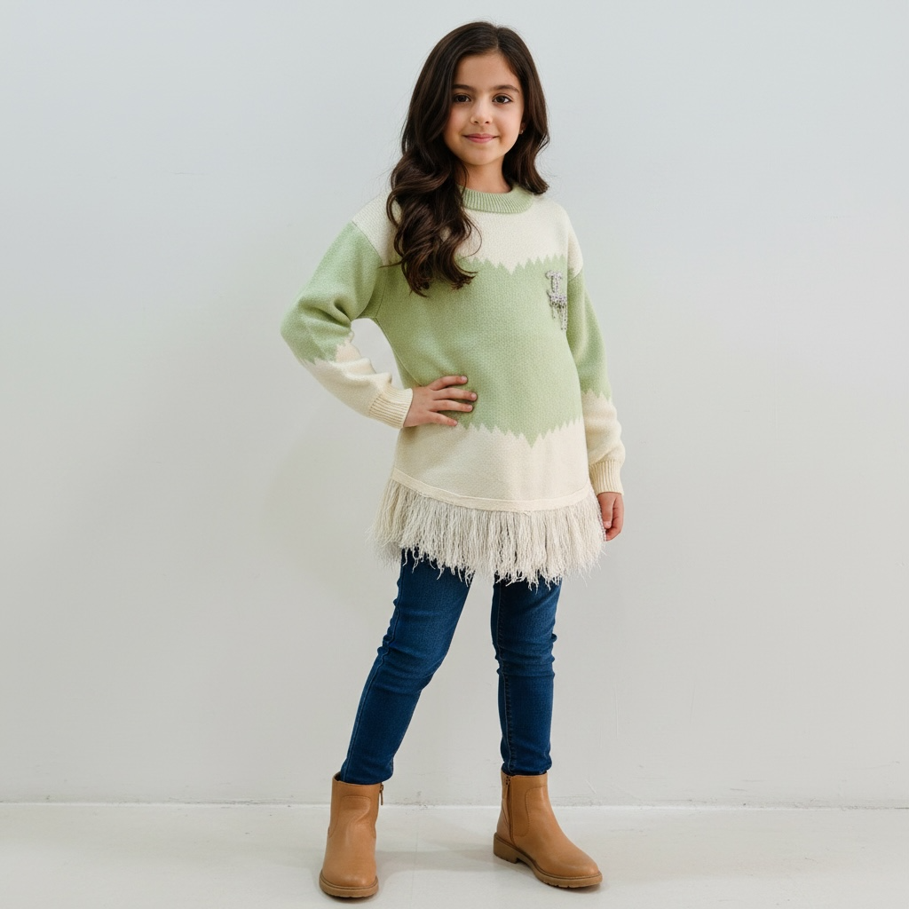 Sage and cream zigzag knit tunic for girls with fringed hem, worn with jeans and boots