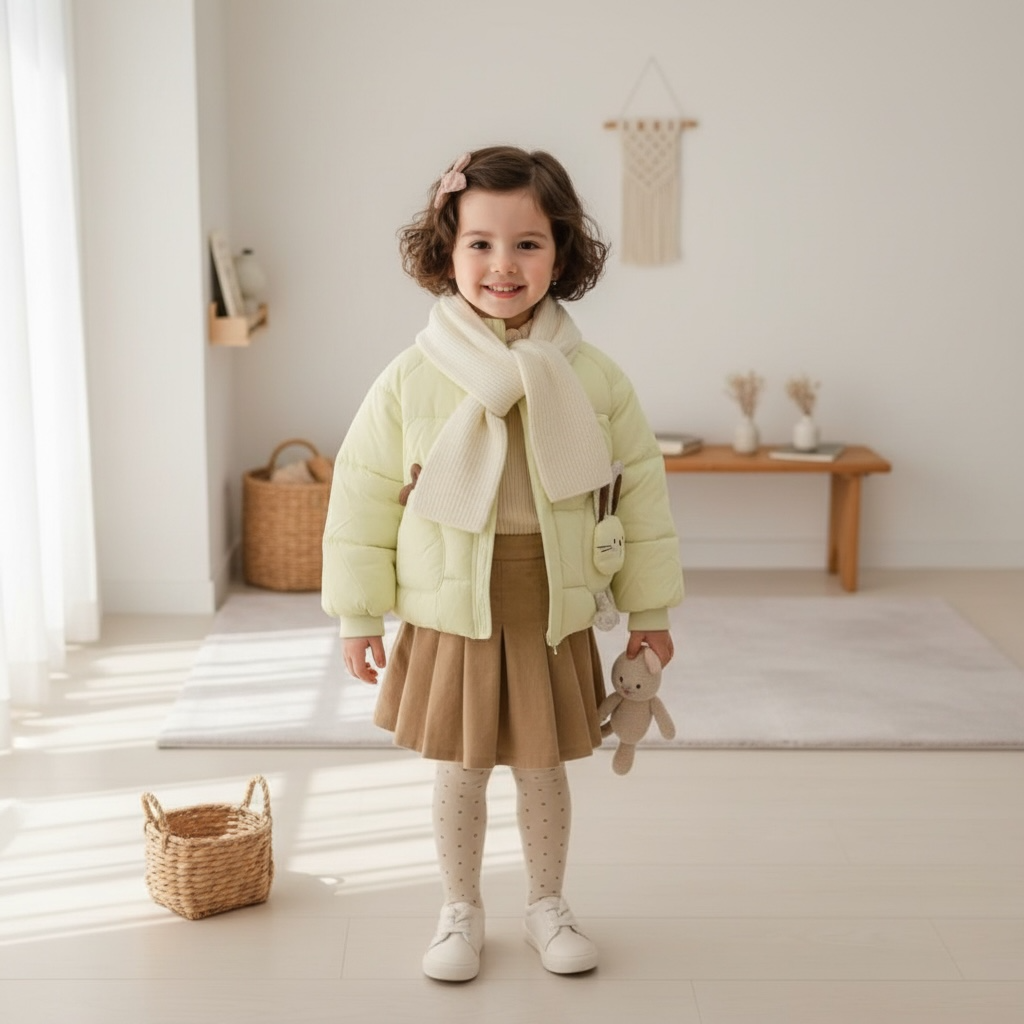 Bunny Hooded Puffer Jacket with Knit Scarf