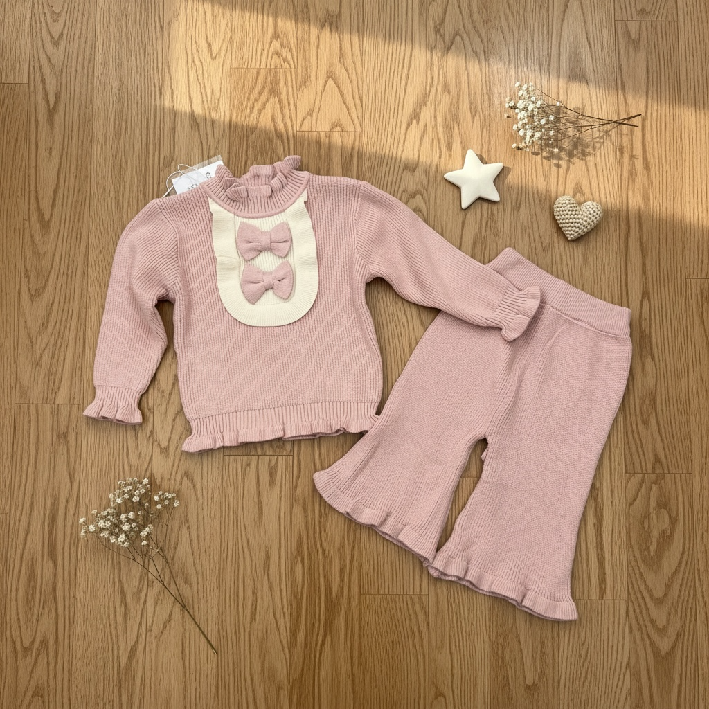 Ruffle Bow Knit Set — Rose