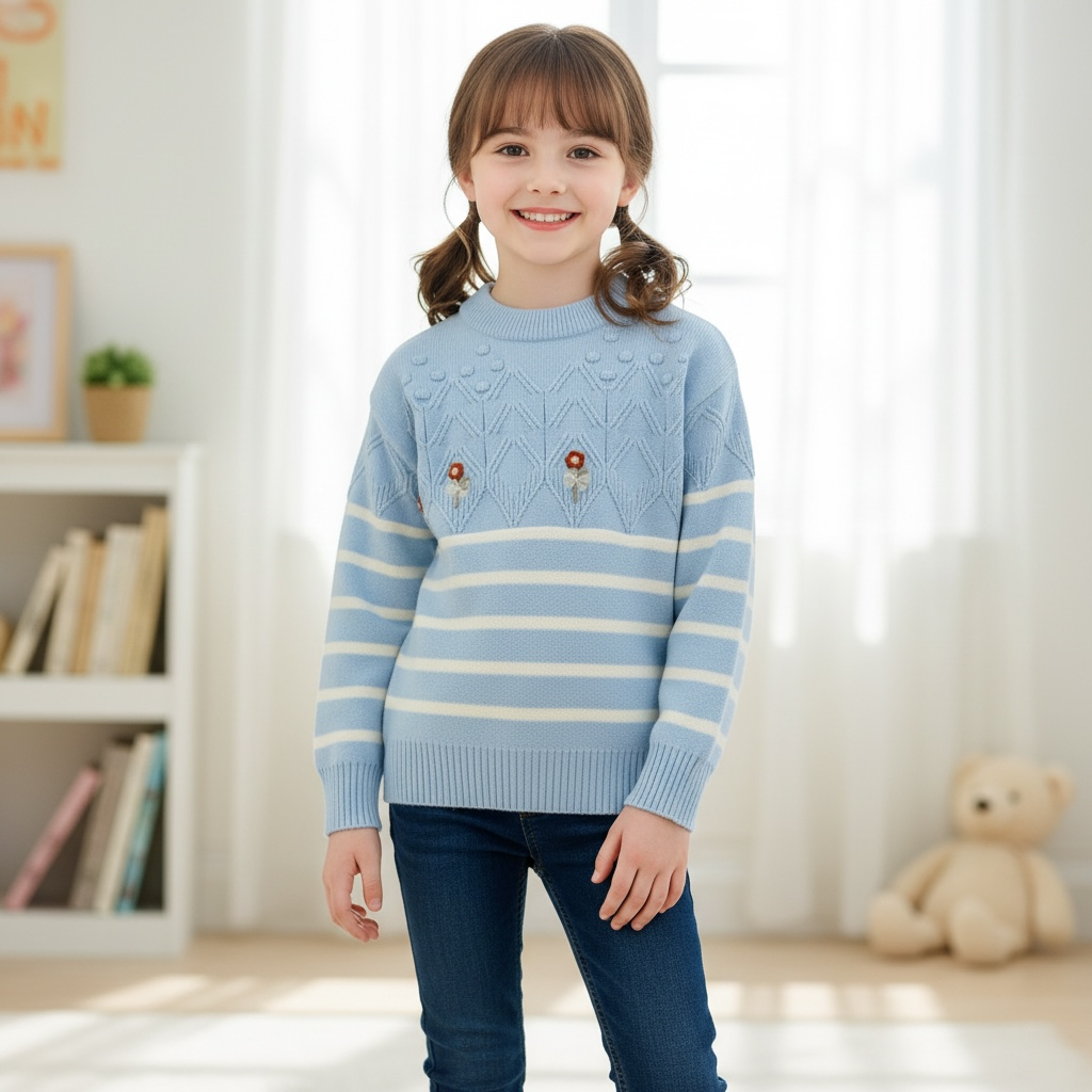 Floral Striped Knit Sweater with Textured Yoke