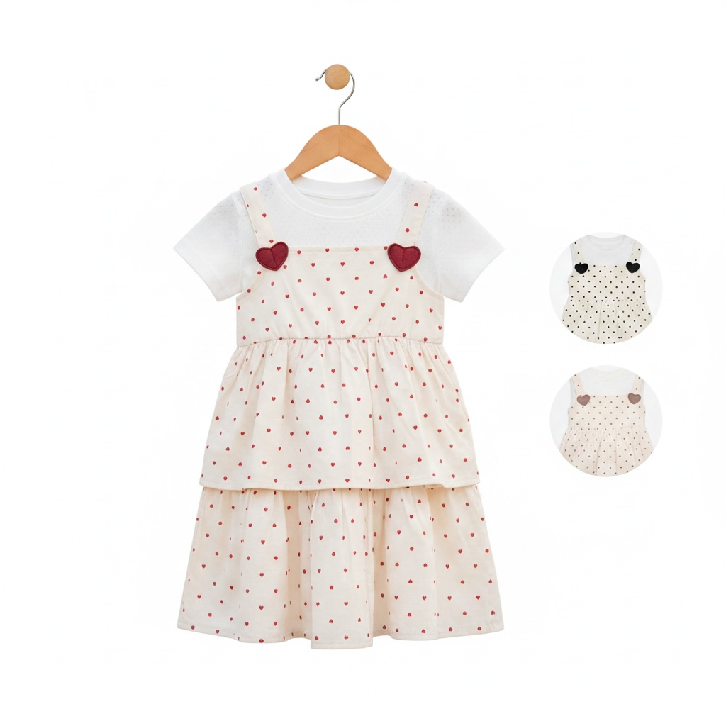 Heart Print Pinafore Dress — Cream