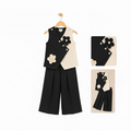 Flower Appliqué Colourblock Top & Wide-Leg Trousers Set