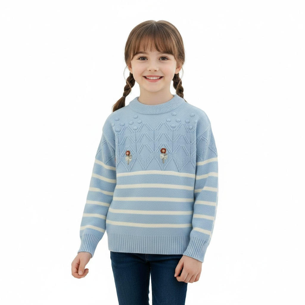 Floral Striped Knit Sweater with Textured Yoke