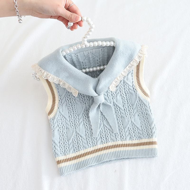 Sky Blue Sailor Collar Knit Sweater Vest with Lace Trim