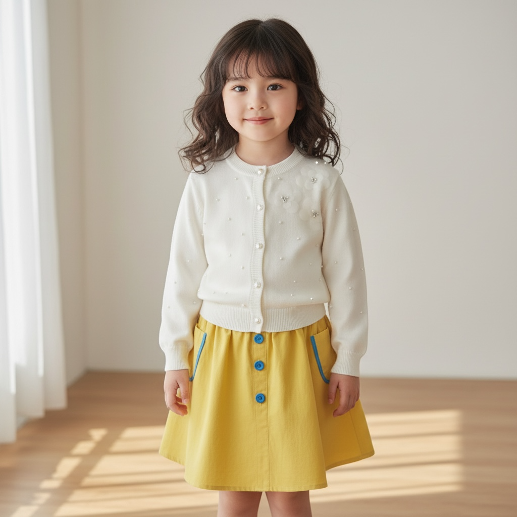 Ivory Pearl-Detail Knit Cardigan & Yellow Button Skirt Set