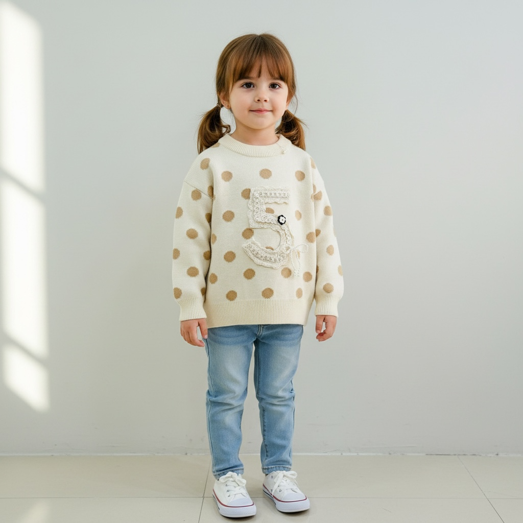 Polka Dot Knit Sweater with Lace Appliqué