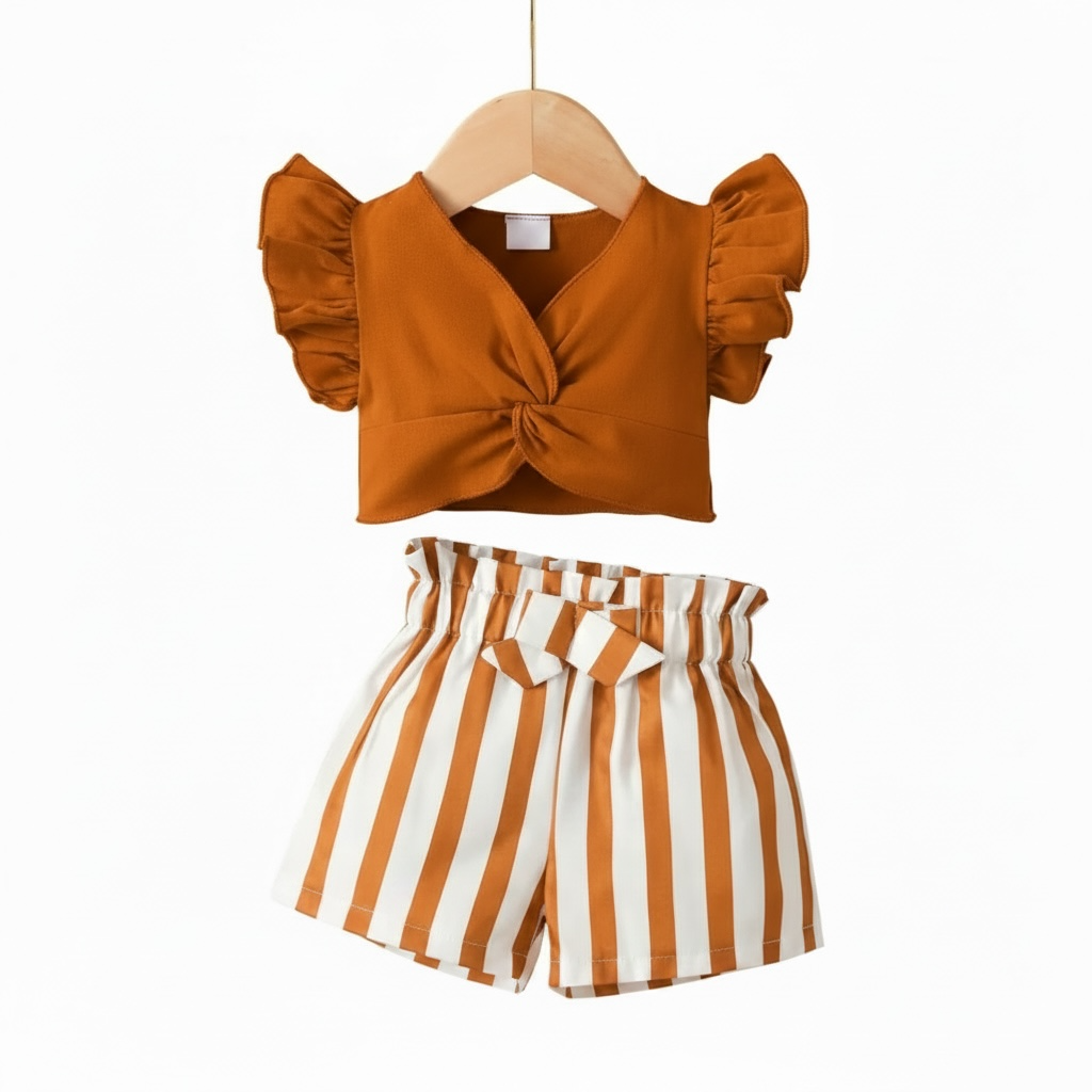 Rust Ruffle Top & Striped Bow Shorts Set