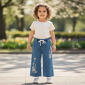 Girls Floral Embroidered Wide-Leg Jeans – Mid Blue