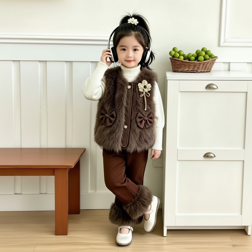 Girls Faux Fur 3-Piece Set - Bow Vest, Inner Top & Trousers