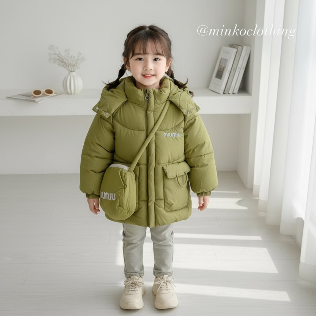 Lime Hooded Puffer Jacket with Detachable Pouch