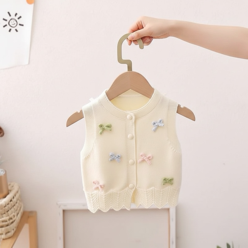 Cream Button-Front Knit Sweater Vest with 3D Bow Detail