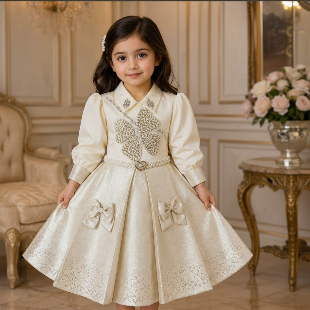 Girls Pearl Embellished Pleated Party Frock - Ivory