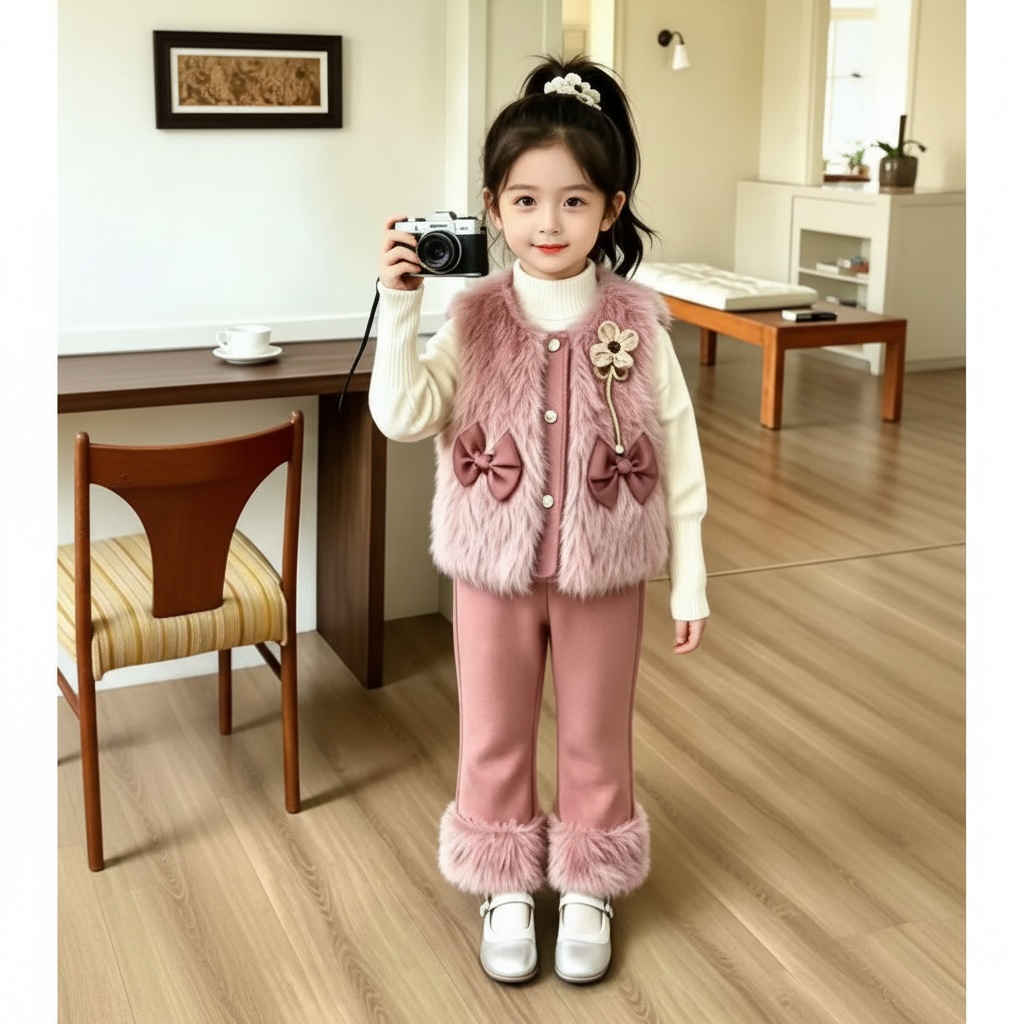 Girls Faux Fur 3-Piece Set - Bow Vest, Inner Top & Trousers