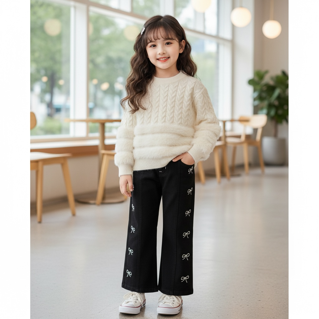 Cream Cable Knit Sweater & Bow Wide-Leg Trouser Set
