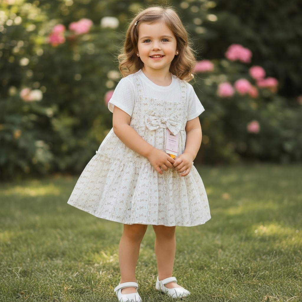 Vintage Bow Print Pinafore Frock with Tee – Cream