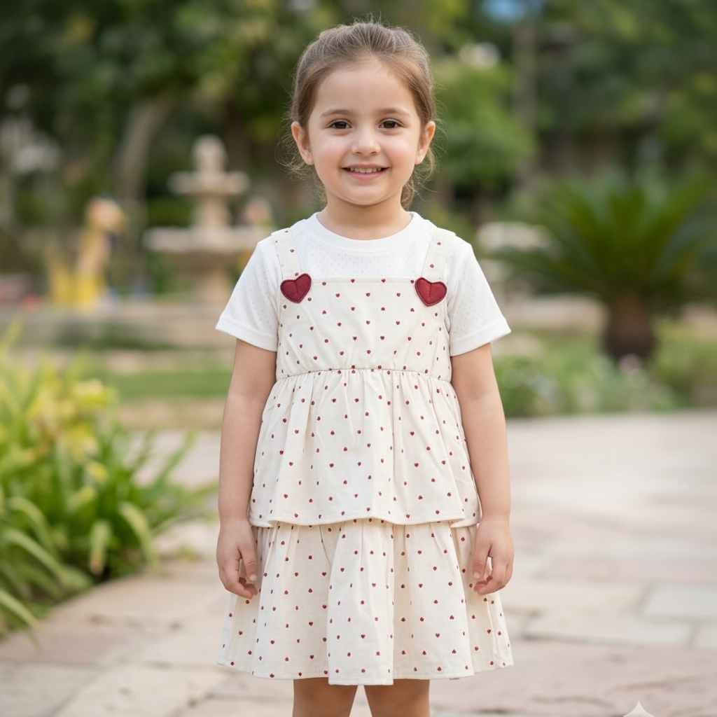 Heart Print Pinafore Dress — Cream