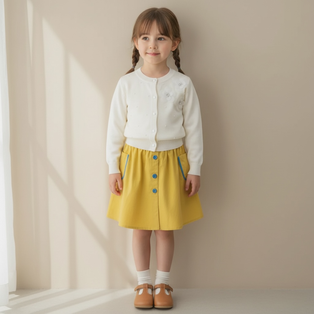 Ivory Pearl-Detail Knit Cardigan & Yellow Button Skirt Set