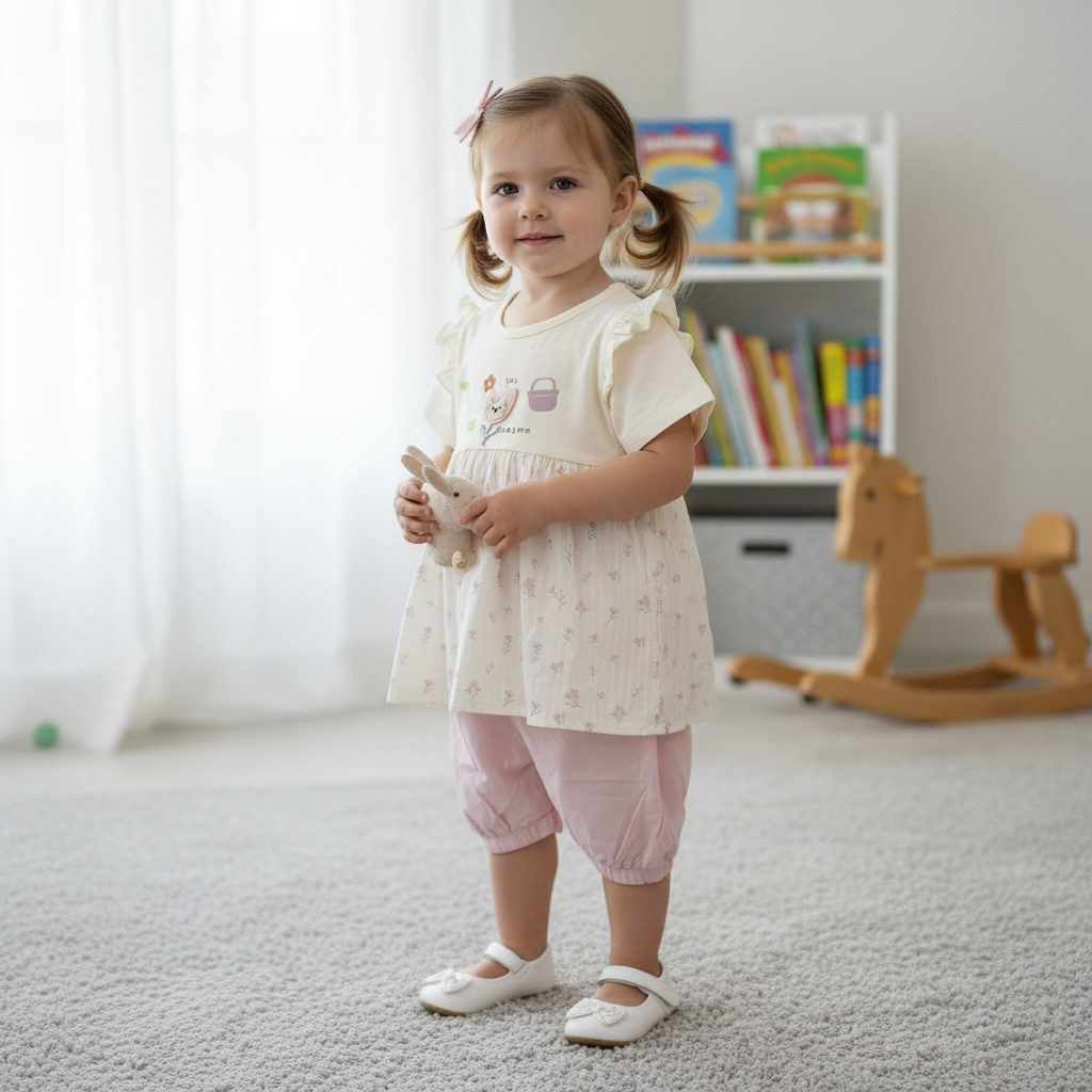 Tulip Kitty Peplum Top & Bloomer Shorts Set – Cream & Pink
