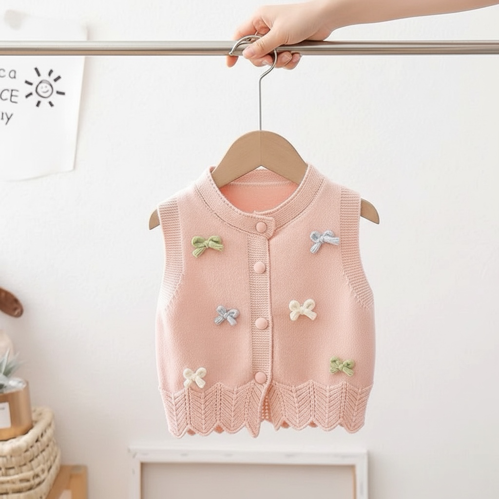 Pink Button-Front Knit Sweater Vest with 3D Bow Detail
