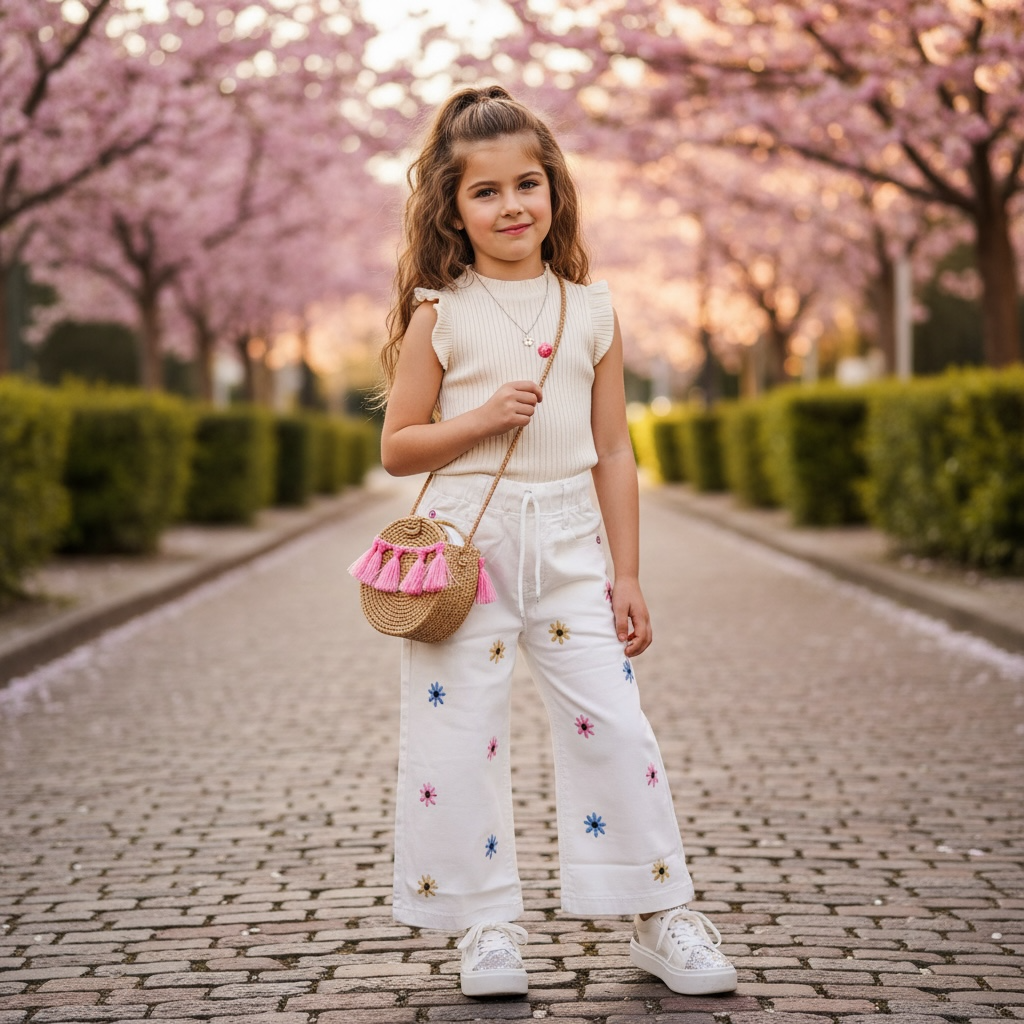 Kids Daisy Embroidered Wide-Leg Trouser– Off-White