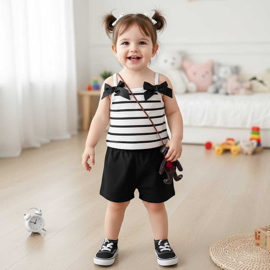 Striped Bow Top & Black Shorts Set