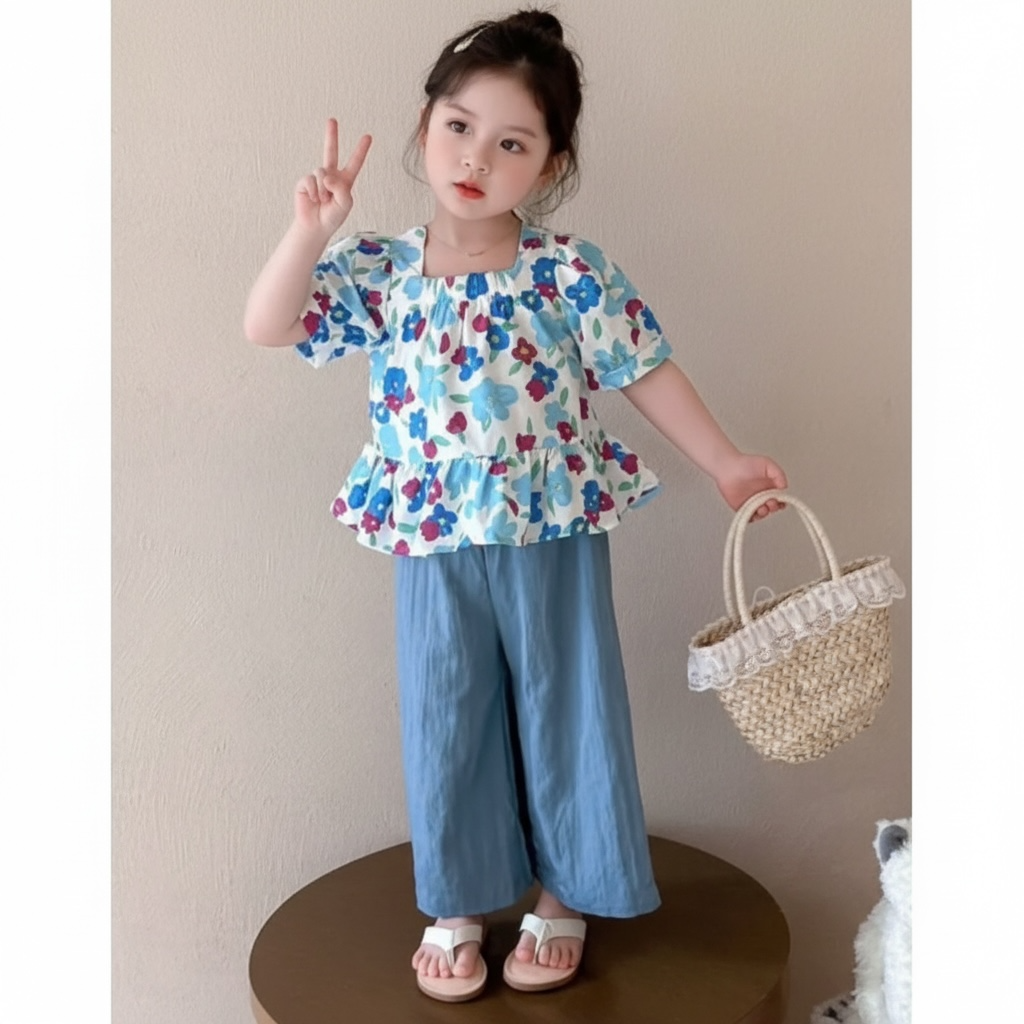 Blue Floral Peplum & Wide-Leg Set