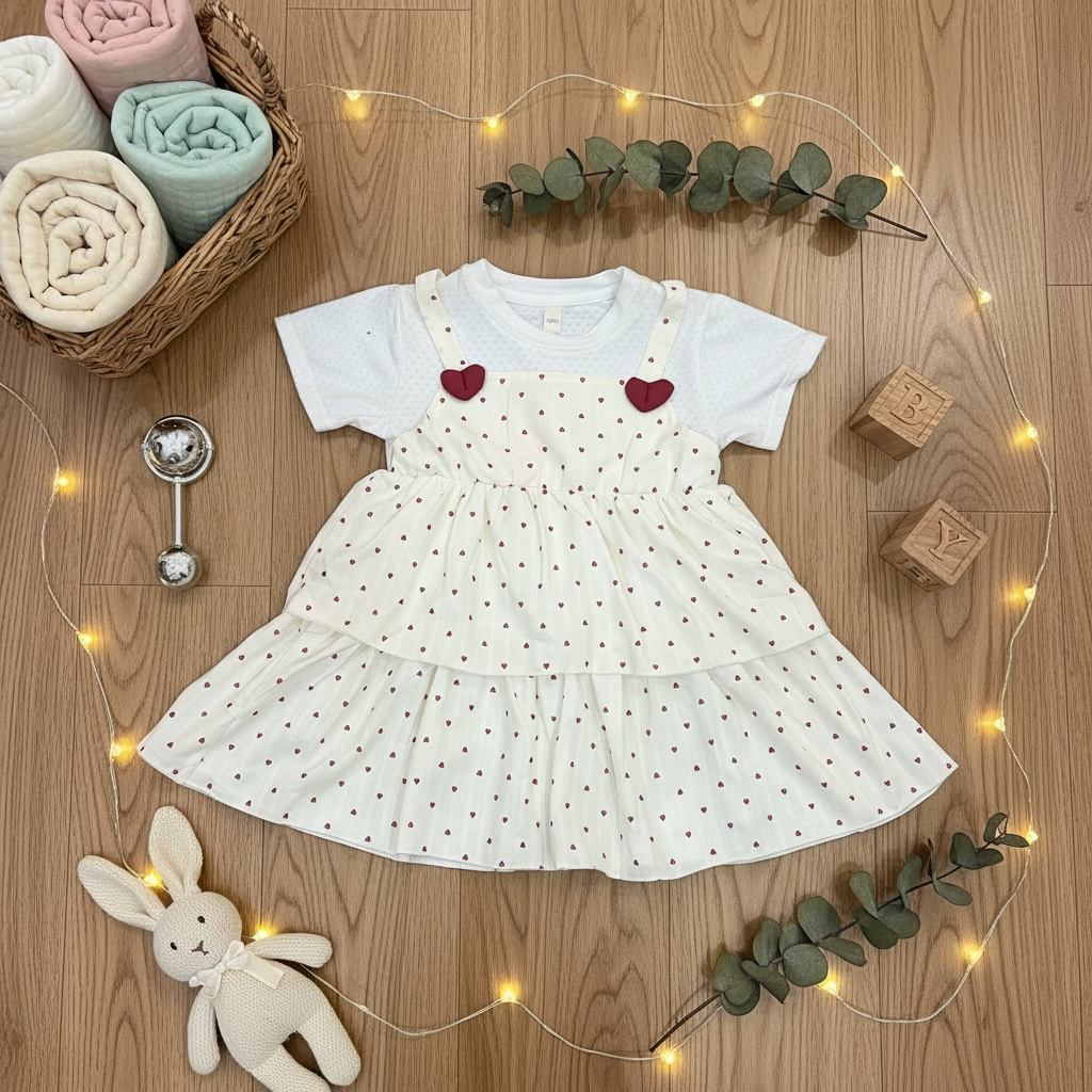 Heart Print Pinafore Dress — Cream