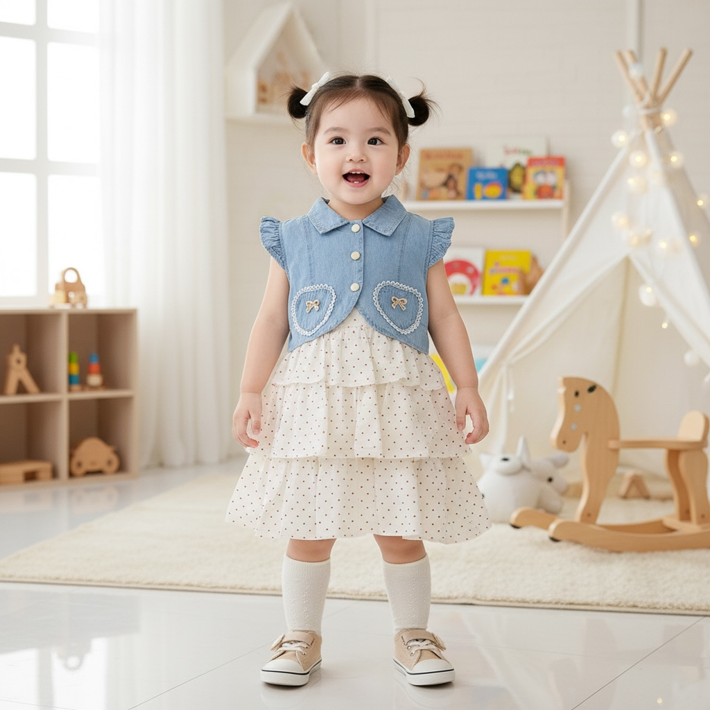 Denim Bodice Polka-Dot Dress