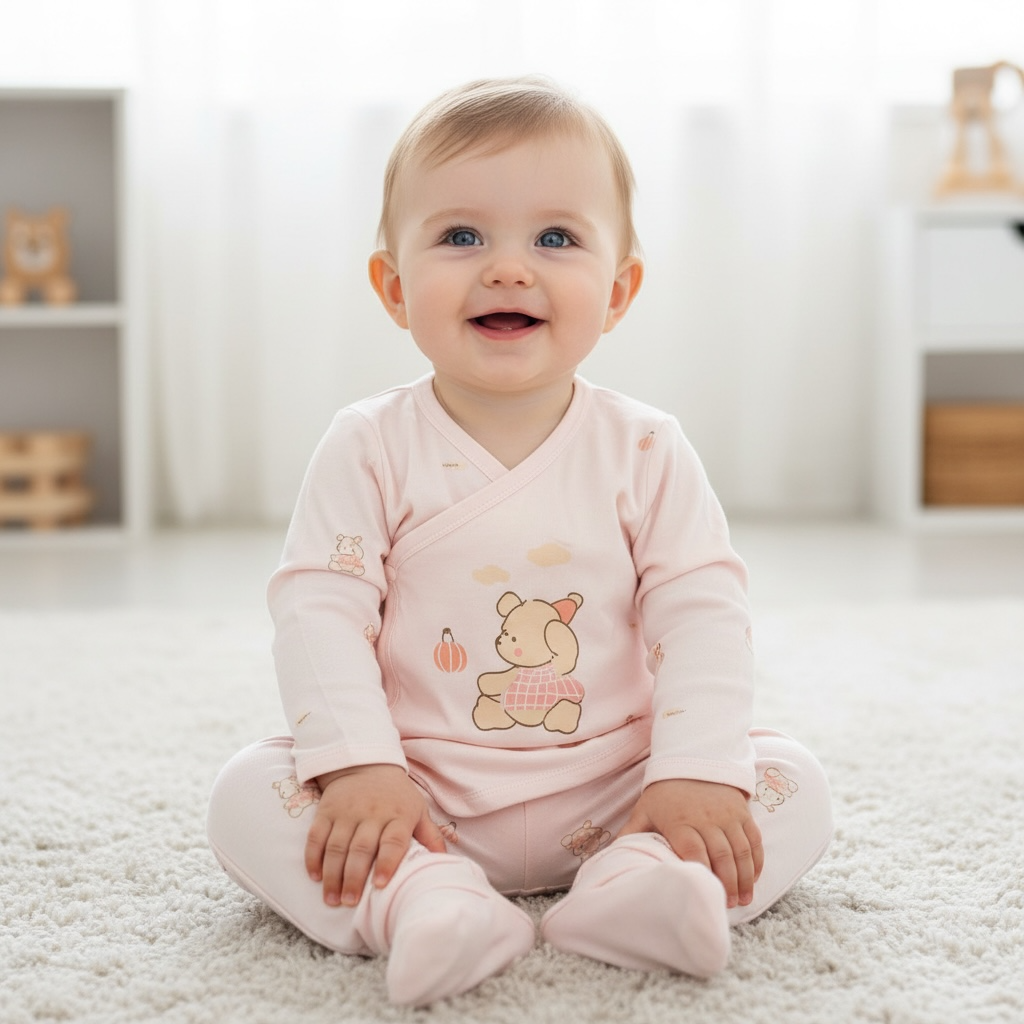 Pink bear printed baby top and trouser set flat lay